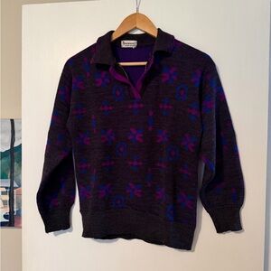 Vintage Athletic Polo Sweater - Purple and Black Patterned